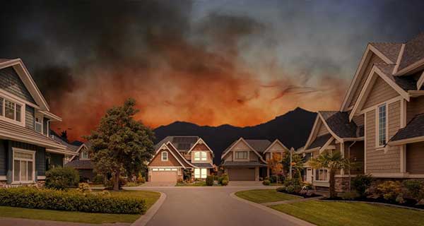 Extreme weather blackout wildfire homefront in cul-de-sac during daytime