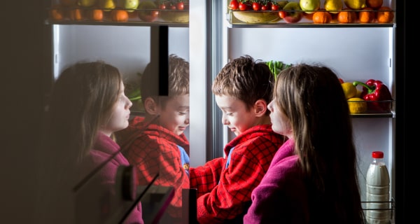 two children looking in refrigerator during power outage