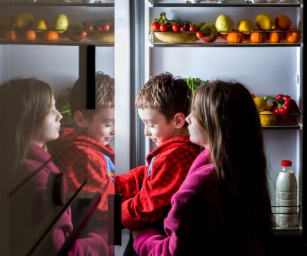 two children looking in refrigerator during power outage