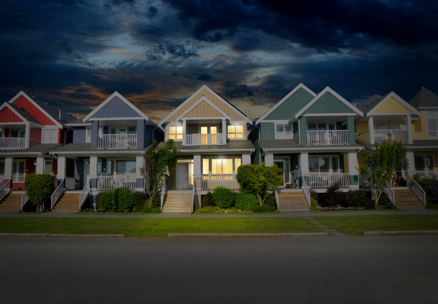 row of house with no lights on