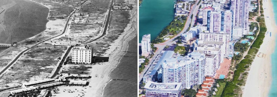 side by side images of Miami Beach, Florida showing development of buildings (First image: 1925 Second Image: 2017)