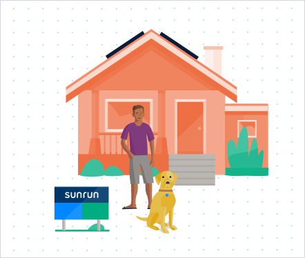 illustration of man and dog standing in front of house with sunrun yard sign